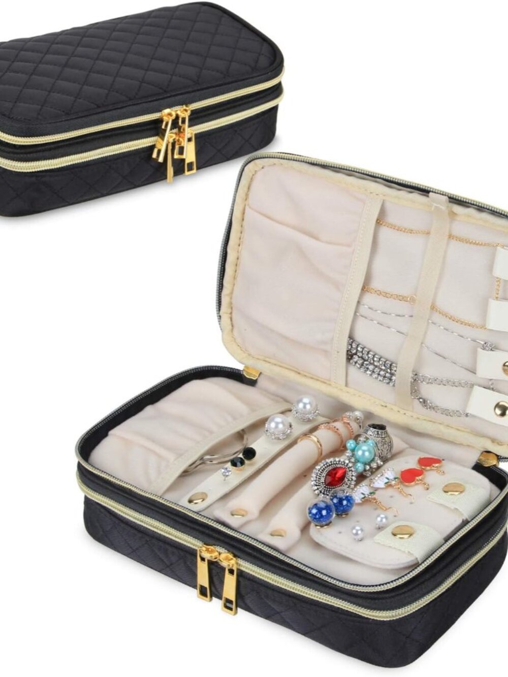 Travel Jewelry Case Organizer Storage Box for Women, Quilted Black